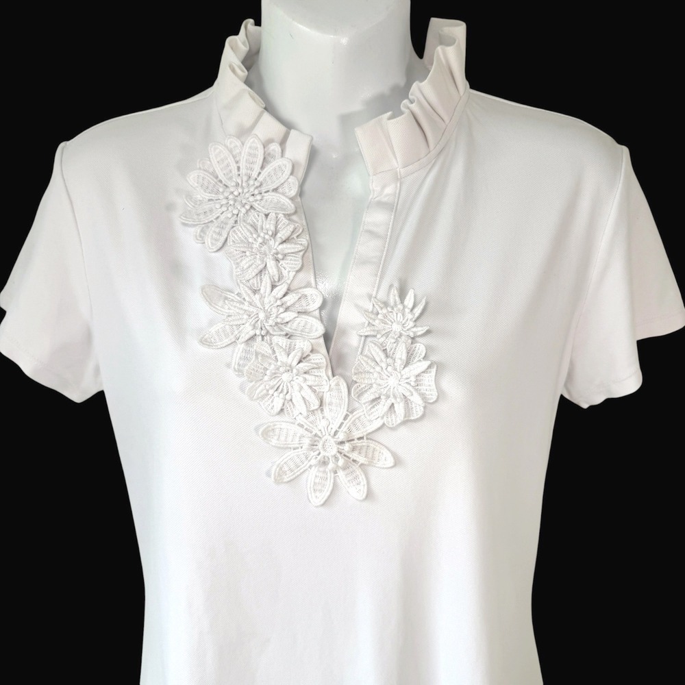 Lilly Pulitzer Luxletic Top Women Medium White Floral Lace Ruffle Neck Golf Polo